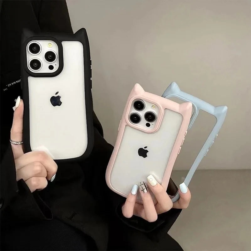 3D Cute CAT Ears Modelling Acrylic PC+TPU Silicone Clear shockproof bumper Phone Case